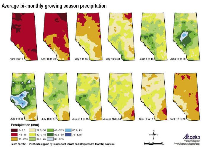 Figure 1. Average bi-monthly growing season precipitation in Alberta, April to September, 30-year averages (1971-2000)