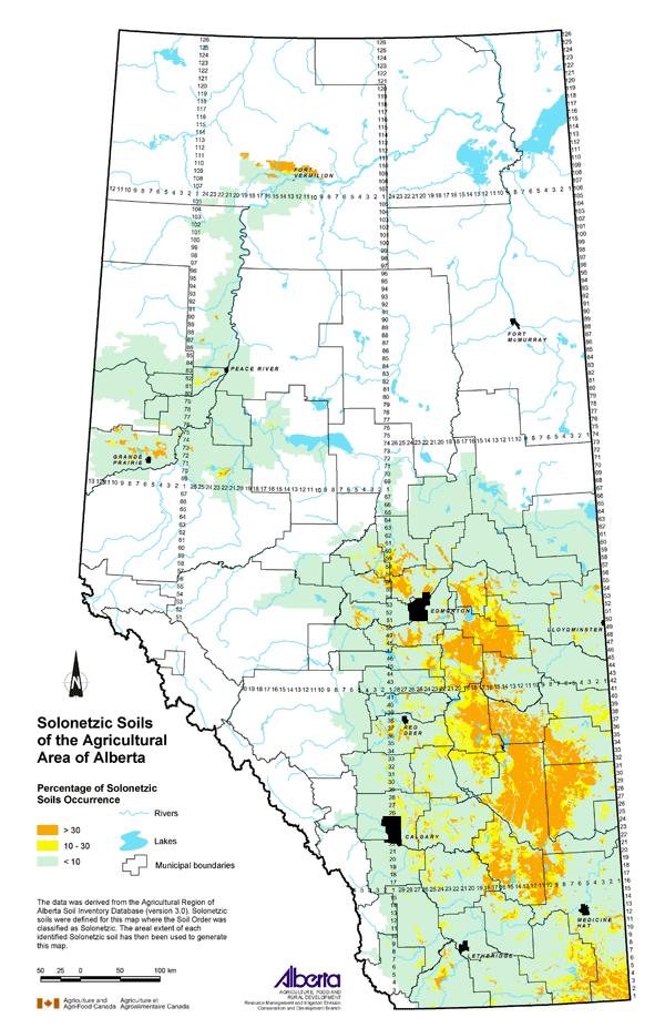 Figure 1. Occurrence of Solonetzic soils in Alberta