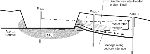 Figure 5. Seepage along bedrock interface where all soil was scraped from the EMS bottom