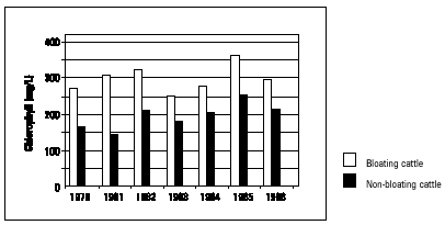 Figure 3.  Average pre-feeding concentrations of particulate chlorophyll in the rumen of bloating and non-bloating cattle