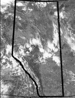 Figure 1. Satellite photo showing band of typical summer thunderstorms over central Alberta, causing isolated showers. 