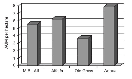 Figure 2. Carrying capacity of four cut-and-graze stockpiled pastures at Lacombe